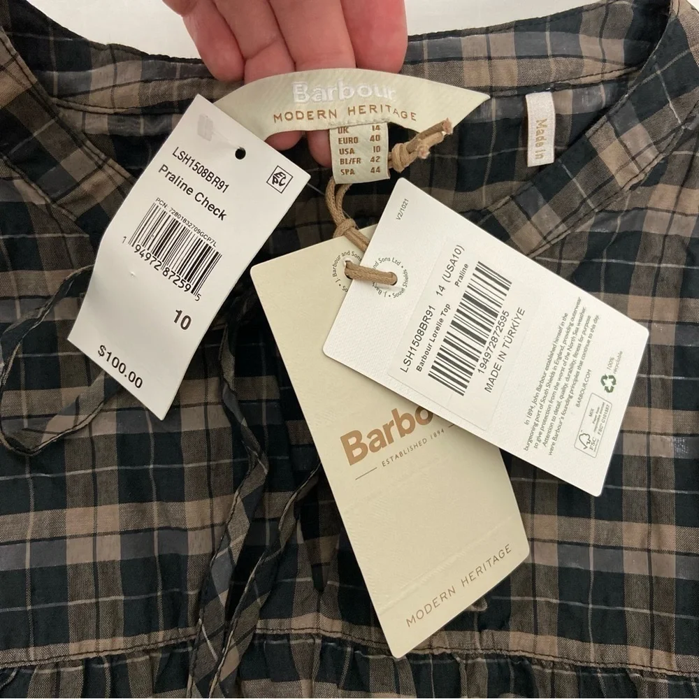 Barbour Lorelie Check Tie Neck Top Size 10